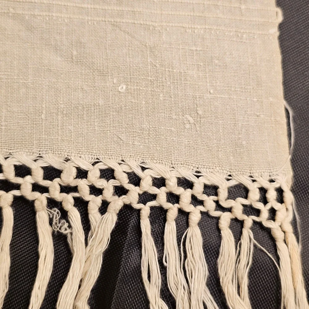 Vintage Italian Hand Embroidered Linen Runner Giorno Lieto Cream Macrame Fringe